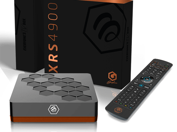 Close-up of IPTV box and remote control. BuzzTV XRS 4900 - IPTV Box - IPTV Quebec - IPTV CANADA - iptv ca